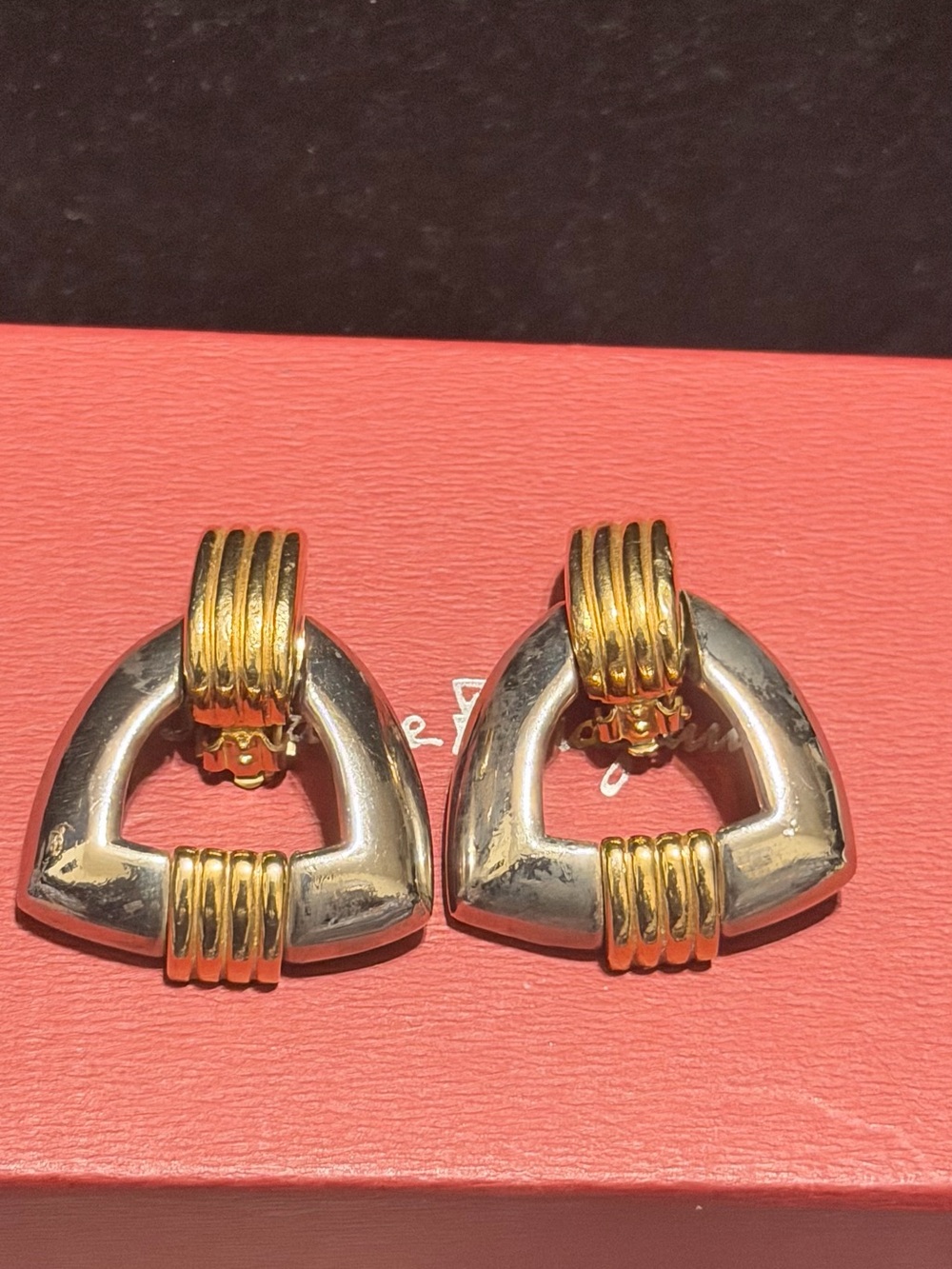 Vintage GIVENCHY Paris New York Two Tone Door Knocker Clip On Earrings Signed